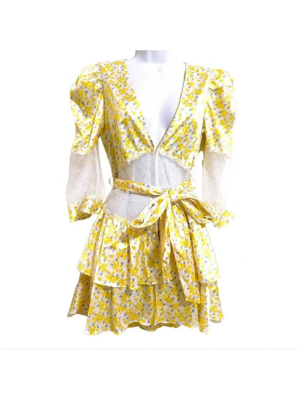 NWOT For Love & Lemons Daffodil Yellow Floral Lace Belted Mini Dress Size Large - Picture 11 of 16